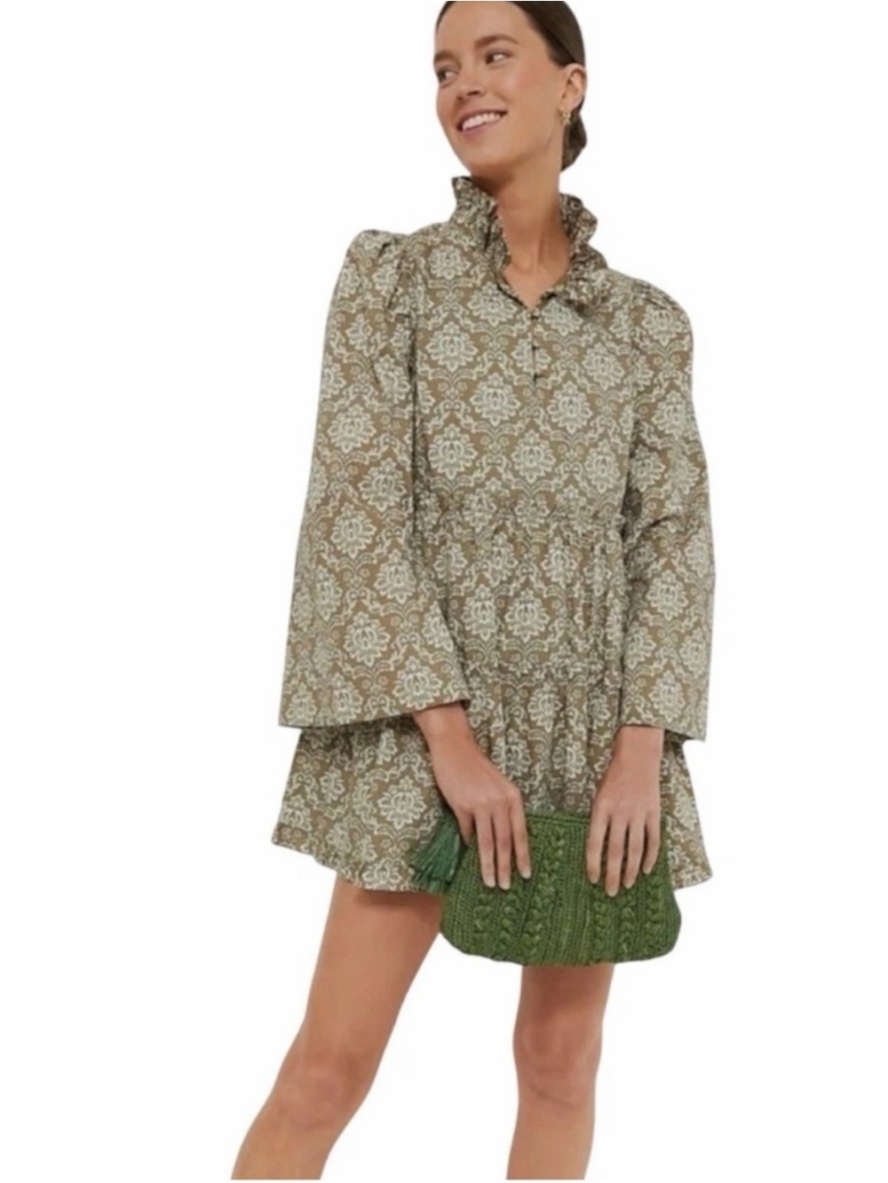 Hyacinth House Moss Printed Russell Mini Dress Size M Olive Damask Bell Sleeve